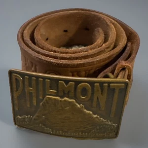 Vintage Philmont Scout Ranch Brass Buckle Leather Engrained Belt 28” - Picture 1 of 10