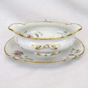 Vtg CFH Charles Field Haviland Limoges purple flower Gravy Boat under Plate - Picture 1 of 7