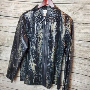 Chicos Black Leather Jacket Snake Embossed Silver Metallic Zip Up Size Large - Picture 1 of 6