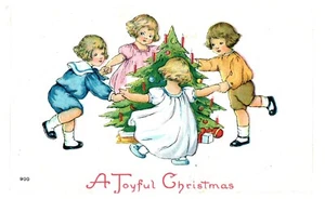 Postal en relieve Una alegre Navidad niños bailando alrededor de un árbol velas encendidas - Imagen 1 de 3