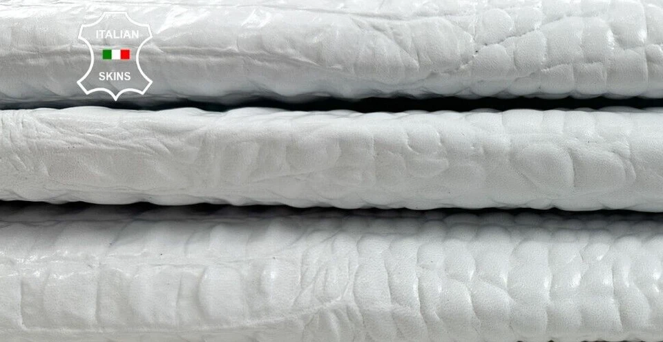 WHITE SHINY ALLIGATOR CROCODILE PRINT ON Lamb Leather 2 skins 10sqf 0.8mm #C4032 - Image 1 of 4