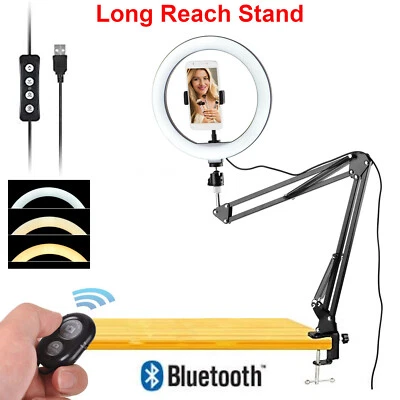 10" LED Ring Light + Scissors Desk Boom Arm Stand Phone Mount + Bluetooth Remote - Image 1 of 4