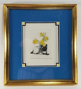 Meg Dawson "Daffodil Bouquet" Siamese Cat Signed Limited Edition Etching, Framed - Picture 1 of 5