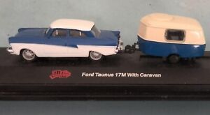 FORD TAUNUS 17M WITH CARAVAN TRAILER MINIATURE MODEL ON DISPLAY STAND