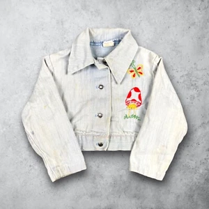 Vintage 60s Sears Hippie Mushroom Embroidered Denim Jacket Youth Size 3 - Picture 1 of 10