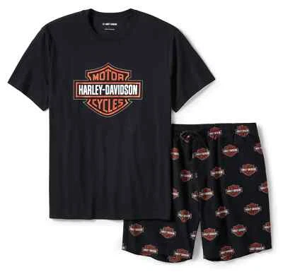 Juego de pantalones cortos de pijama Harley-Davidson con estampado de barra y escudo negros 96473-25VM Foto 1 de 2