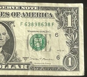 (3 DIGIT BOOKEND!) $1 Fancy Serial Number F63898638F Series 2017A - Picture 1 of 3