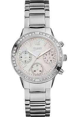 GUESS W0546L1, vestido de dama, acero inoxidable, tono plateado, bisel acentuado en cristal, WR Foto 1 de 2