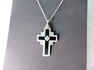 STERLING NECKLACE & CROSS PENDANT 20" W ONYX INLAY 925 WITH ETICHED DETAILS - Foto 1 di 8