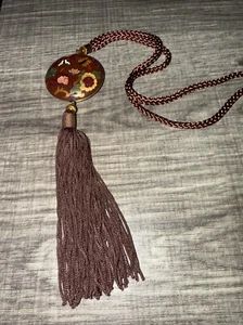 Vintage 1970’s Butterfly Floral Large Round Colorful Pendent And Braided Chain - Picture 1 of 4