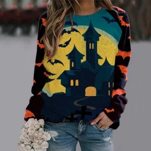 Halloween Cartoon Print Sweatshirt Long Sleeve Pullover Tops Women - Picture 1 of 6
