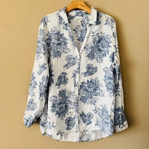 Rachel Zoe 100% Leinen Hemd mit Blumenmuster und Knopfleiste in blau-weiß Größe XL - Bild 1 von 8