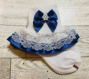 Baby Girls White and Navy Satin Bow and Lace Ruffle Socks Up to shoe size 2 - Picture 1 of 1