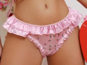 Pink Rose Print Girly Ruffle n Lace Trim Panties Silky Satin Knickers L - Picture 1 of 18