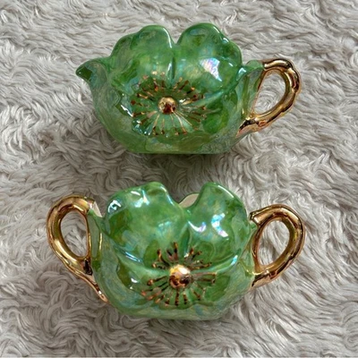 Cuencos de cerámica floral verde vintage de mediados de siglo de los años 50 con asas doradas azúcar crema Foto 1 de 4