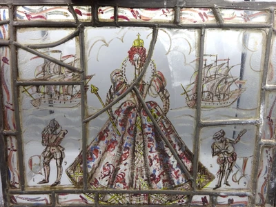 Small Antique Stained Glass Window Panel - Queen Elizabeth I - Hand Painted 1929 - Image 1 of 4