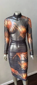 Ruche Mesh Sheath Sheer Tropical Print Midi Party Black Sexy Dress L - Picture 1 of 6