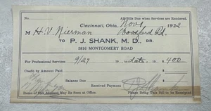 1929 Cincinnati Ohio Doctor Receipt P.J. Shank M.D. Vintage Medical Ephemera - Picture 1 of 5