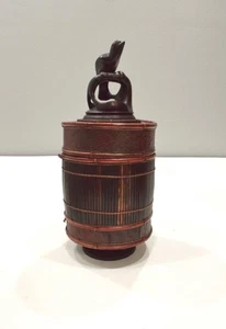 Basket Indonesian Palm Leaf Container Animal Wood Carving Top - Picture 1 of 6