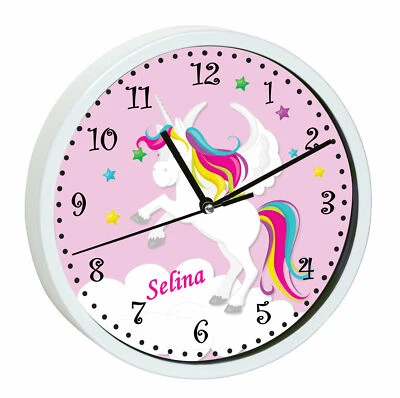 CREADESIGN Kinder Wanduhr Kinderuhr Uhr Kinderzimmer mit Namen personalisiert Einhorn