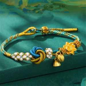 Pure 999 24K Yellow Gold Women 3D Lucky Lotus Flower Bud Bead Bracelet 0.8-1g - Picture 1 of 4