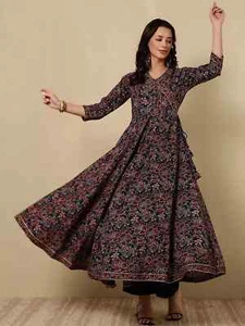 Vestido Largo Acampanado Anarkali Estampado Floral Algodón Negro Mujer India Kurta Kurti - Imagen 1 de 7