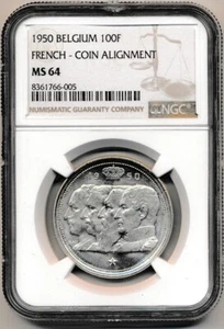 [121196] Belgium 1950 100 Francs Coin Alignment Silver - NGC MS64 - Picture 1 of 2