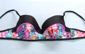 Jessica Simpson Black/Multi GRAFFITI Underwire PADDED CUP Swim Suit BIKINI TOP L - Picture 1 of 9