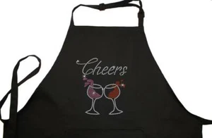 Rhinestone Embellished Black Apron with Cheers and Wine Glasses - Picture 1 of 8