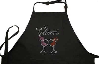 Rhinestone Embellished Black Apron with Cheers and Wine Glasses - Image 1 of 4