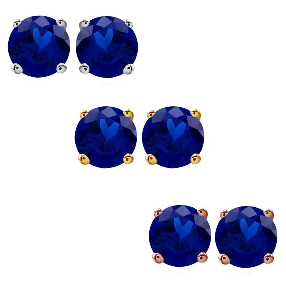 Aretes de zafiro azul corte redondo de 2 1/9 quilates enchapados en oro de 14K para mujer Foto 1 de 4