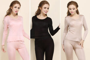 Women's Pure 100% Silk Knit Thermal Long Johns Set Silk Underwear S M L