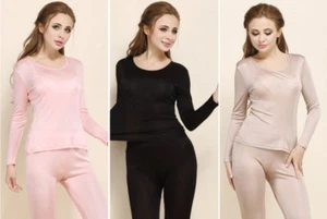 Women's Pure 100% Silk Knit Thermal Long Johns Set Silk Underwear S M L - Picture 1 of 17