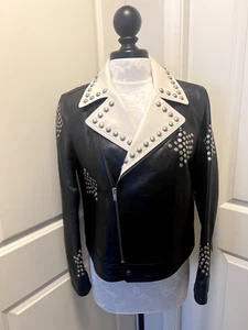YSL Saint Laurent Star Nietenleder Bikerjacke schwarz weiß F 44 US 12 - Bild 1 von 12