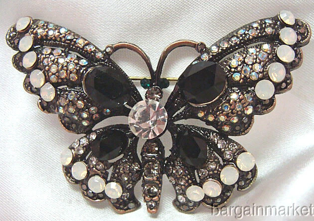 Faux Onyx & Opal Crystal Butterfly Brooch - Image 1 of 1