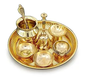 Brass Pooja Thali Set Small 6 Inch Puja Thali with Pital Plate Chandan - Picture 1 of 6