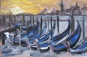 landscape Venice original oil painting, evening Venice art, gondola landscape - Picture 1 of 14
