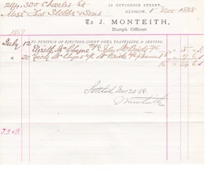 1888 J Monteith Burgh Officer Glasgow Billhead Invoice Receipt - Picture 1 of 2