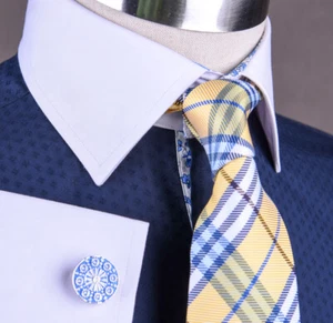 Blau Blumen formell Business Kleid Hemd verteilt weiß Kontrast Kragen und Manschetten - Bild 1 von 9