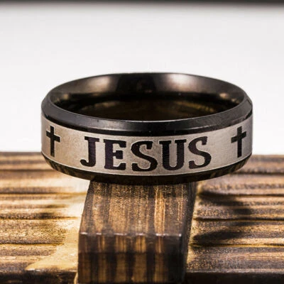 8mm Jesus Christian Cross Prayer Band Ring Stainless Steel Titanium Men Women - Image 1 of 4