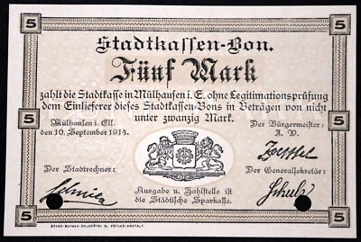 MÜLHAUSEN / MULHOUSE 1914 5 Mark Early WWI German Notgeld France Alsace - Image 1 of 2
