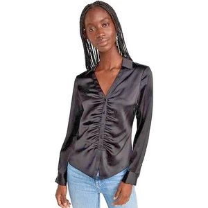 Theory Women's Ruched Button-Up Shirt in Satin Black, Size Large - Picture 1 of 7
