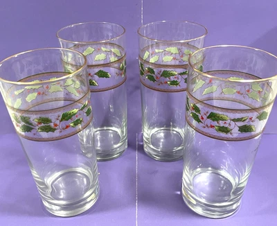 FOUR Royal Limited Holiday Christmas Glasses Holly Holiday  14 oz Tumblers  6.5" - Image 1 of 4