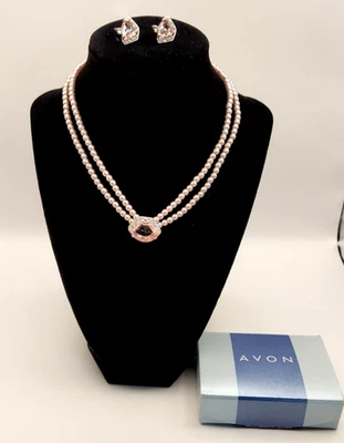 Avon Pink Pearlesque & Rhinestone Double Row Necklace & Earring Gift Set - 2002 - Image 1 of 4