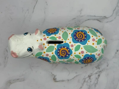Hand Painted Hippo Hippopotamus Piggy Bank Coin Bank Floral Folk Art Kids Decor - Image 1 of 4