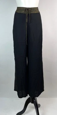 Harari Pants 100% silk Black with Camo waist band, Stripes, Front ties L - Image 1 of 4