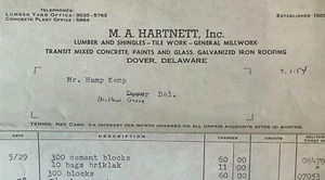 Dover Delaware Vintage Billhead M.A. Hartnett Lumber Yard 1954 - Picture 1 of 2