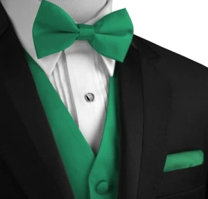 Men's Solid Satin Tuxedo Vest, Bow-Tie and Hankie. Formal, Dress, Wedding, Prom - Picture 1 of 77