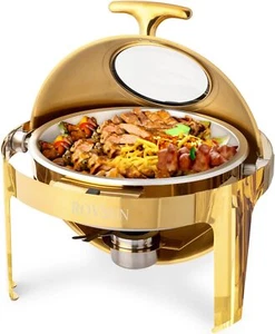 2 x Roll Top Stainless Steel 6 QT Round Chafing Dish Buffet Set with Fuel Holder - Picture 1 of 9