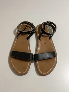 K Jacques KJ St Tropez Black Leather Strappy Ankle Flat Sandals Sz 40/9.5 Beach - Picture 1 of 12